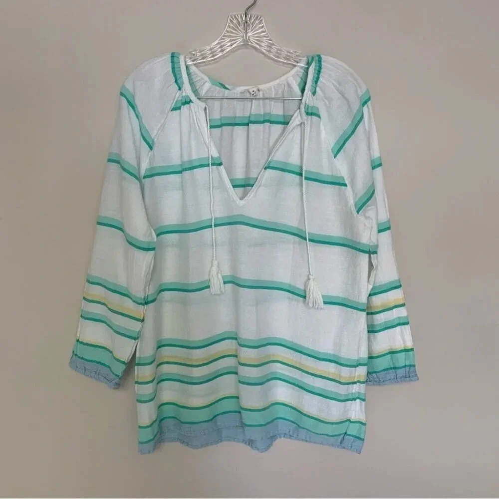 Soft Joie Striped Cotton Tunic Blouse Tie Up  Neck with Tassels M